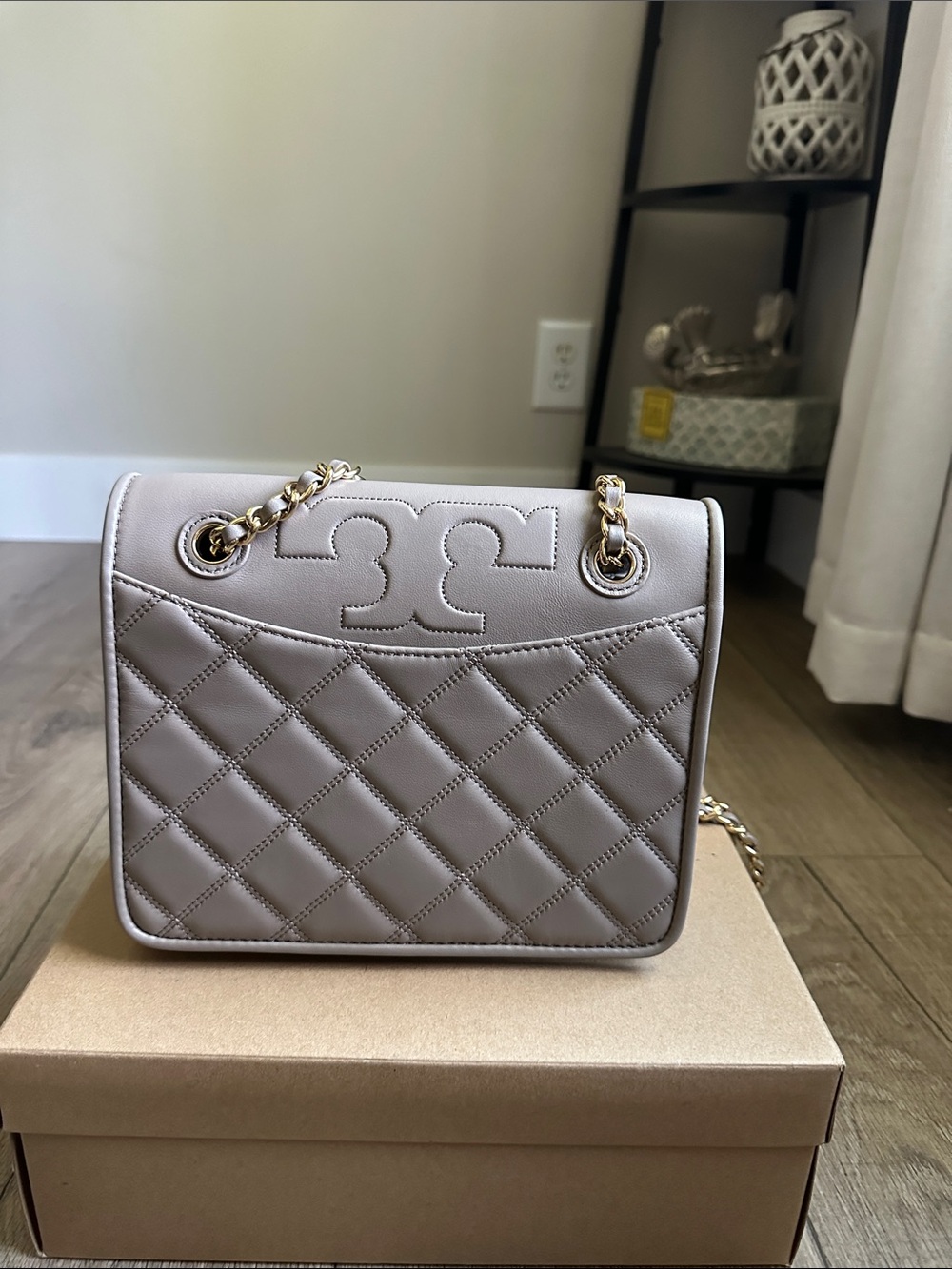 Tory Burch Quilted Shoulder Bag in Light Taupe with Gold Hardware